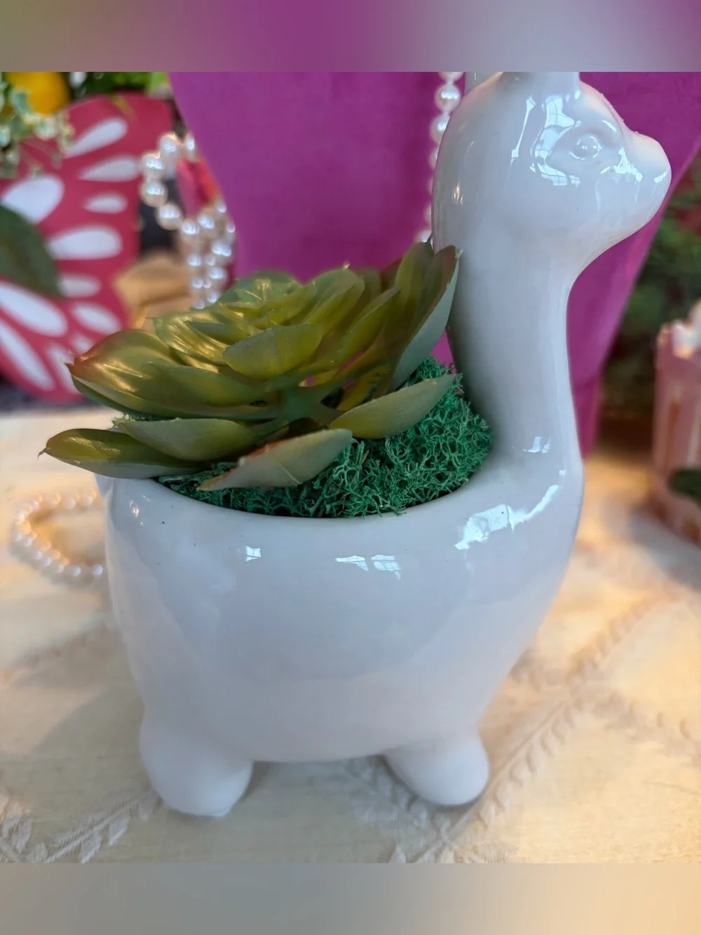 Handcrafted White Ceramic Llama Planter with Faux Green Succulent